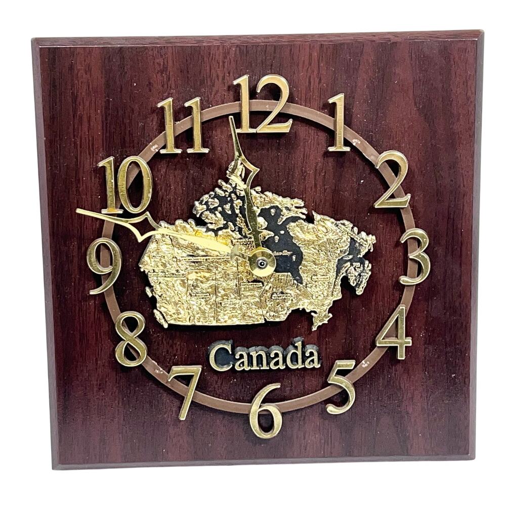 Canada Map Souvenir Wall Clock Wooden Gold Tone Plaque Working 8x8"